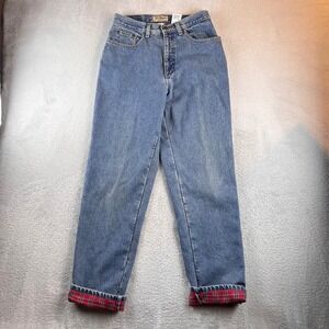 LL Bean Relaxed Fit Flannel Lined Jeans Womens 10 M/T Blue Plaid High Rise Denim